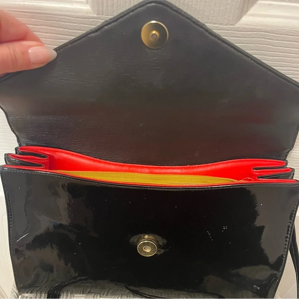 Koret Vintage Patent Leather Black Clutch Envelope Bag Strap Pockets Snap Close